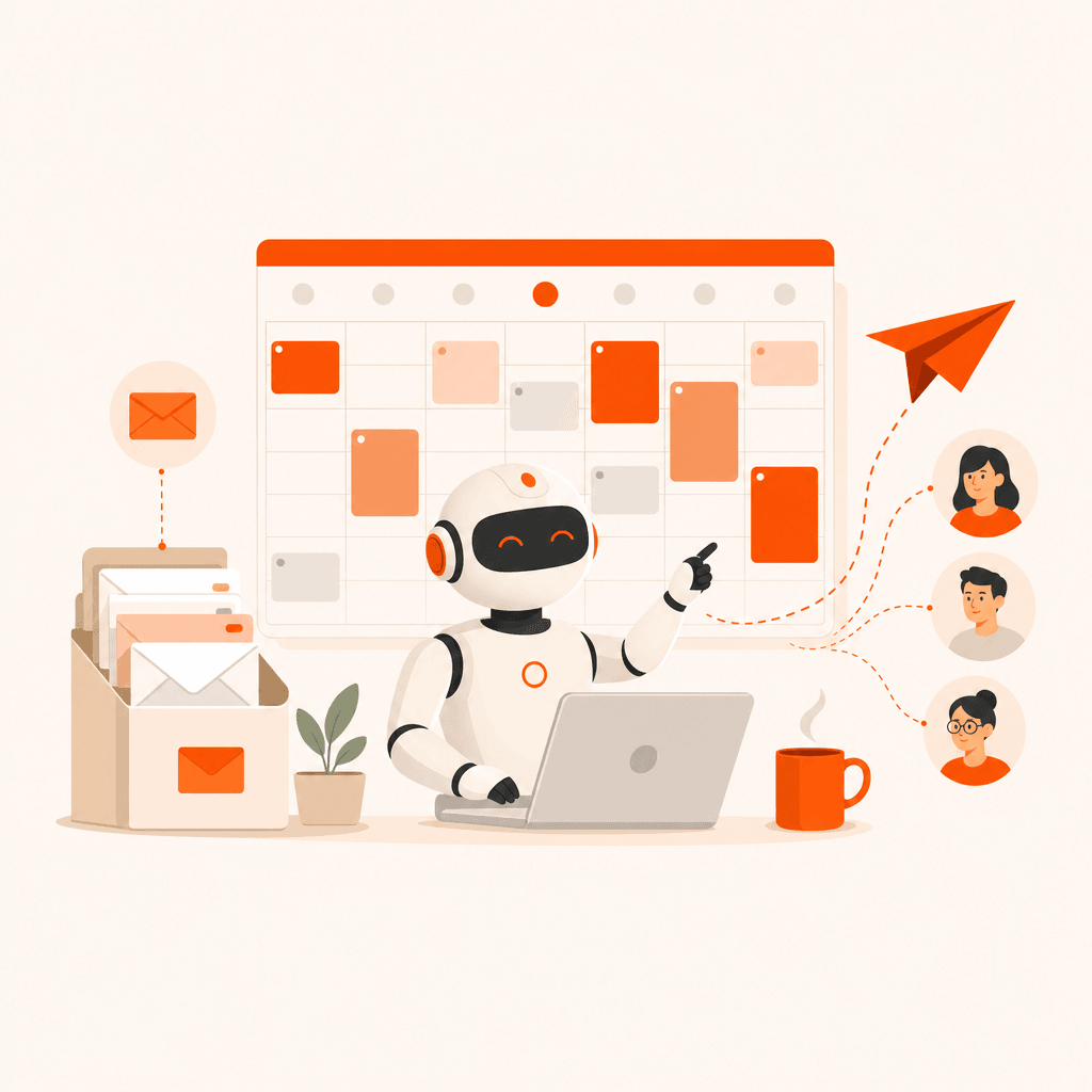 An AI assistant arranging a calendar, sorting an inbox, and notifying teammates