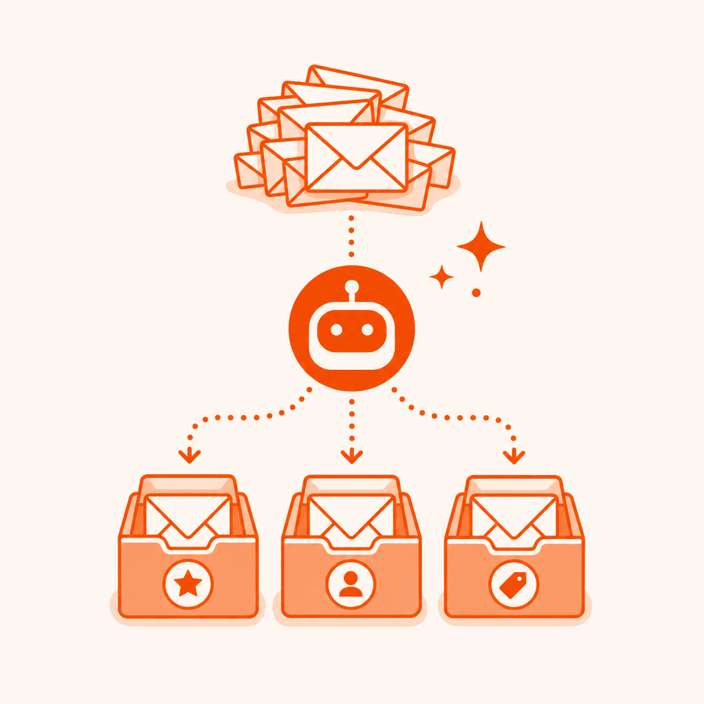 AI sorting a pile of emails into neat labeled inboxes