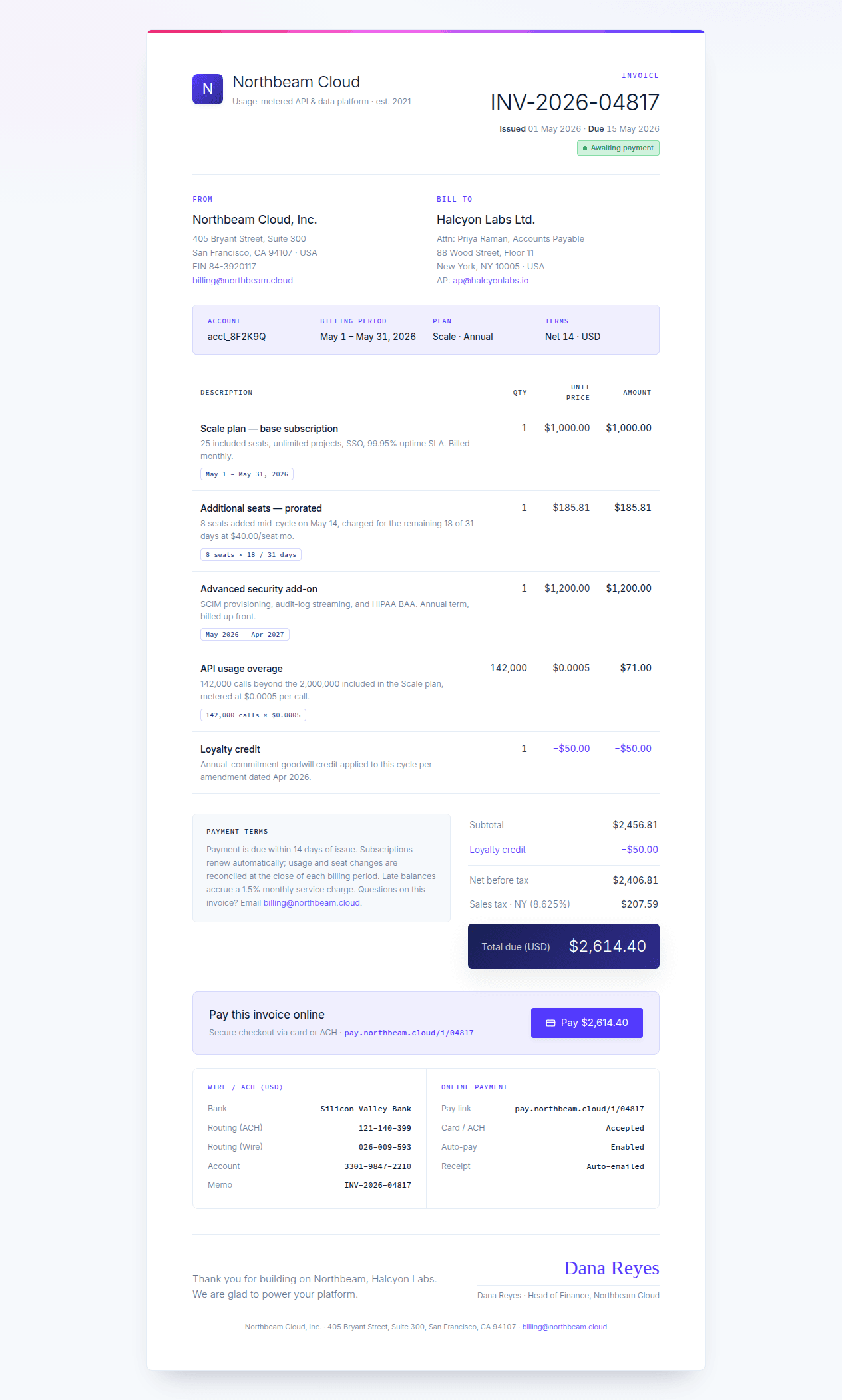 Invoice — SaaS subscription